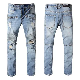 Balmain Studded Distressed Light-Wash Jeans