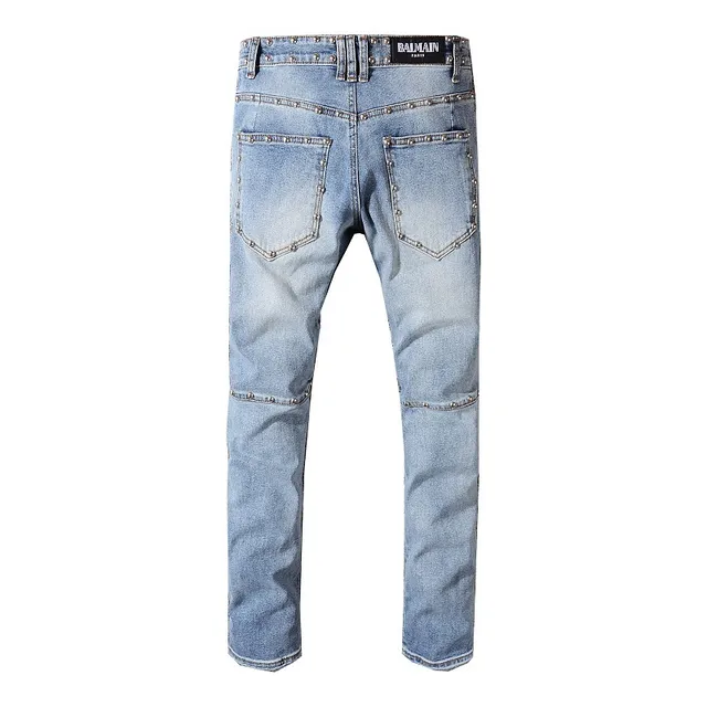 Balmain Studded Distressed Light-Wash Jeans 4