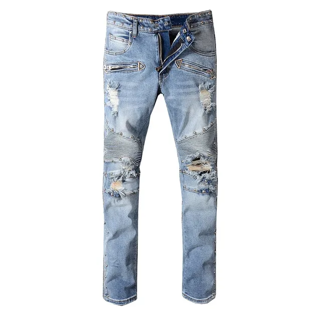 Balmain Studded Distressed Light-Wash Jeans 13