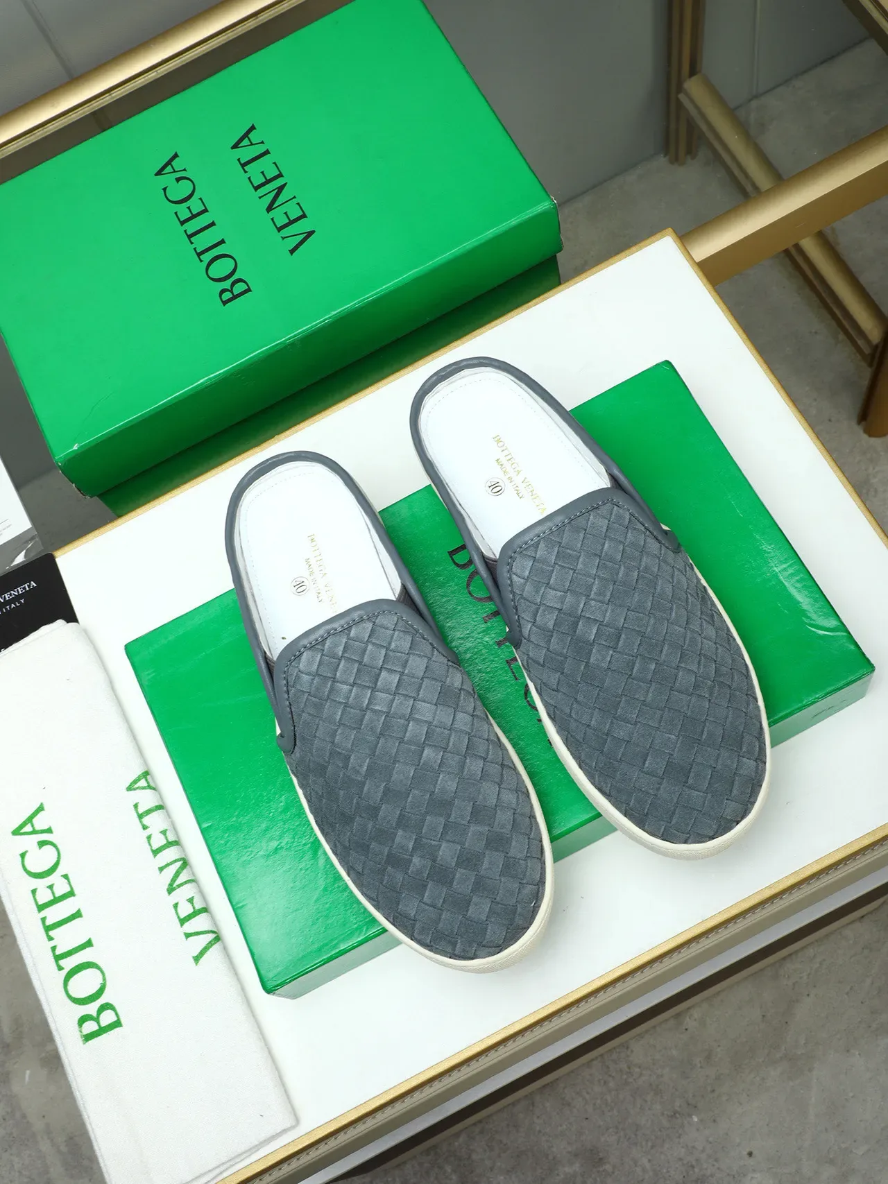 Bottega Veneta Gray Beige Intrecciato Woven Upper Slip-On Mule Construction Loafer 2