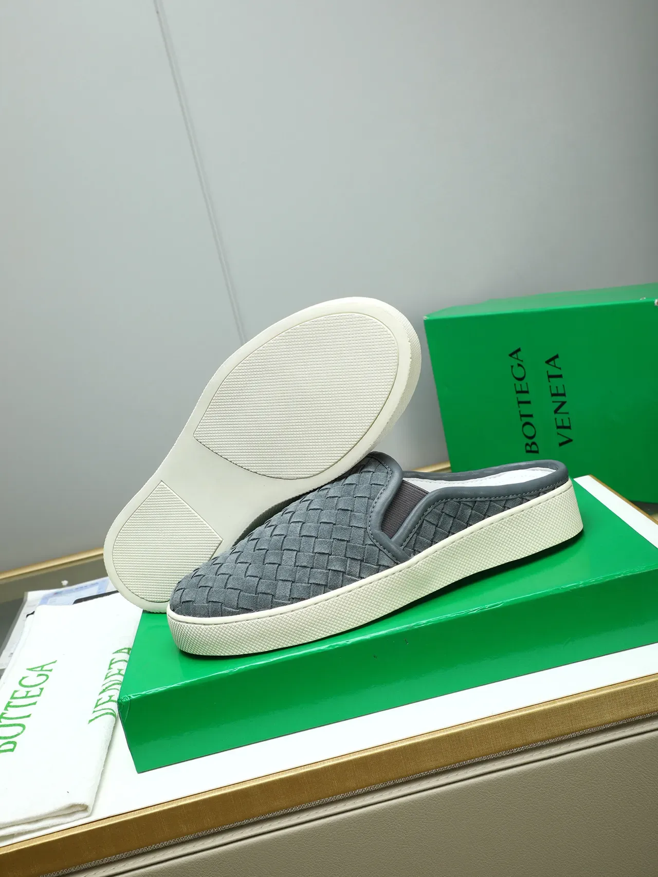 Bottega Veneta Gray Beige Intrecciato Woven Upper Slip-On Mule Construction Loafer 4