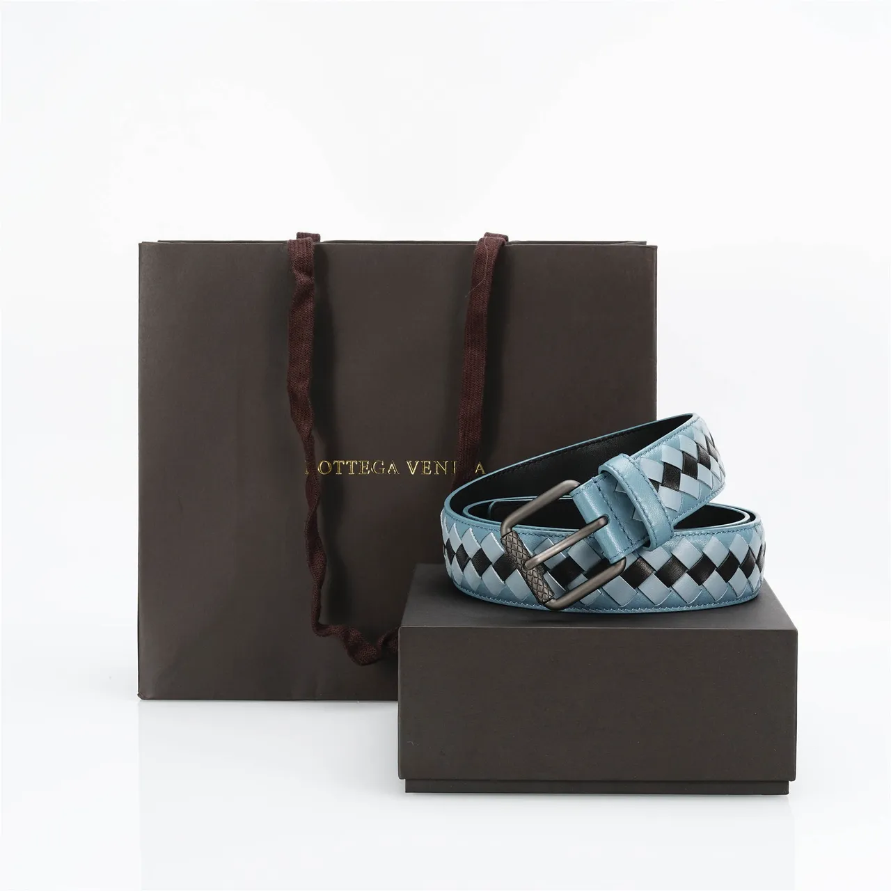 Bottega Veneta Intrecciato ceinture Bleu Noir Tissé Deux Tons Cuir Ceinture 5
