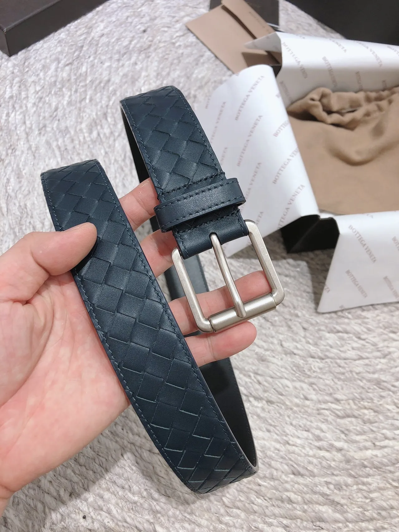 Bottega Veneta Intrecciato Ceinture Bleu marine Argent Tissé Rectangulaire Boucle Cuir Ceinture 2