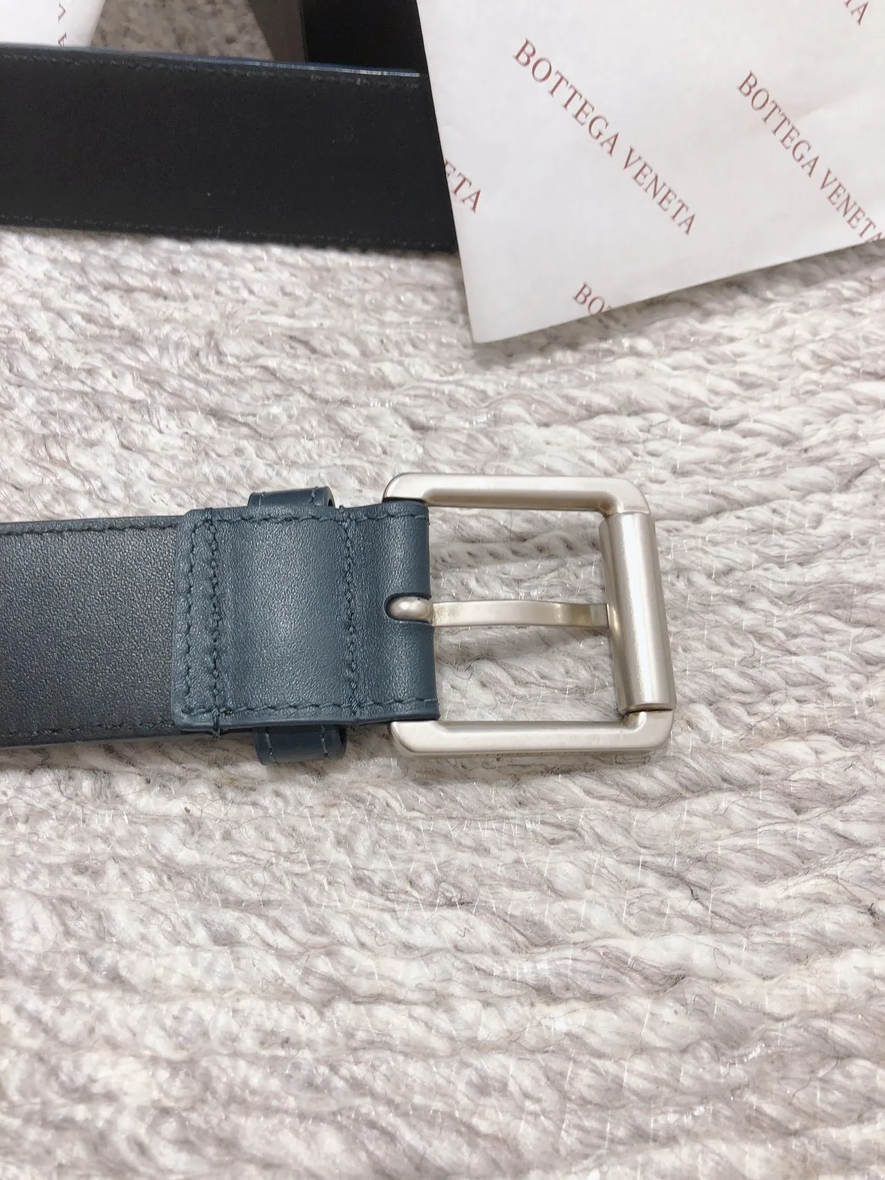 Bottega Veneta Intrecciato Ceinture Bleu marine Argent Tissé Rectangulaire Boucle Cuir Ceinture 3
