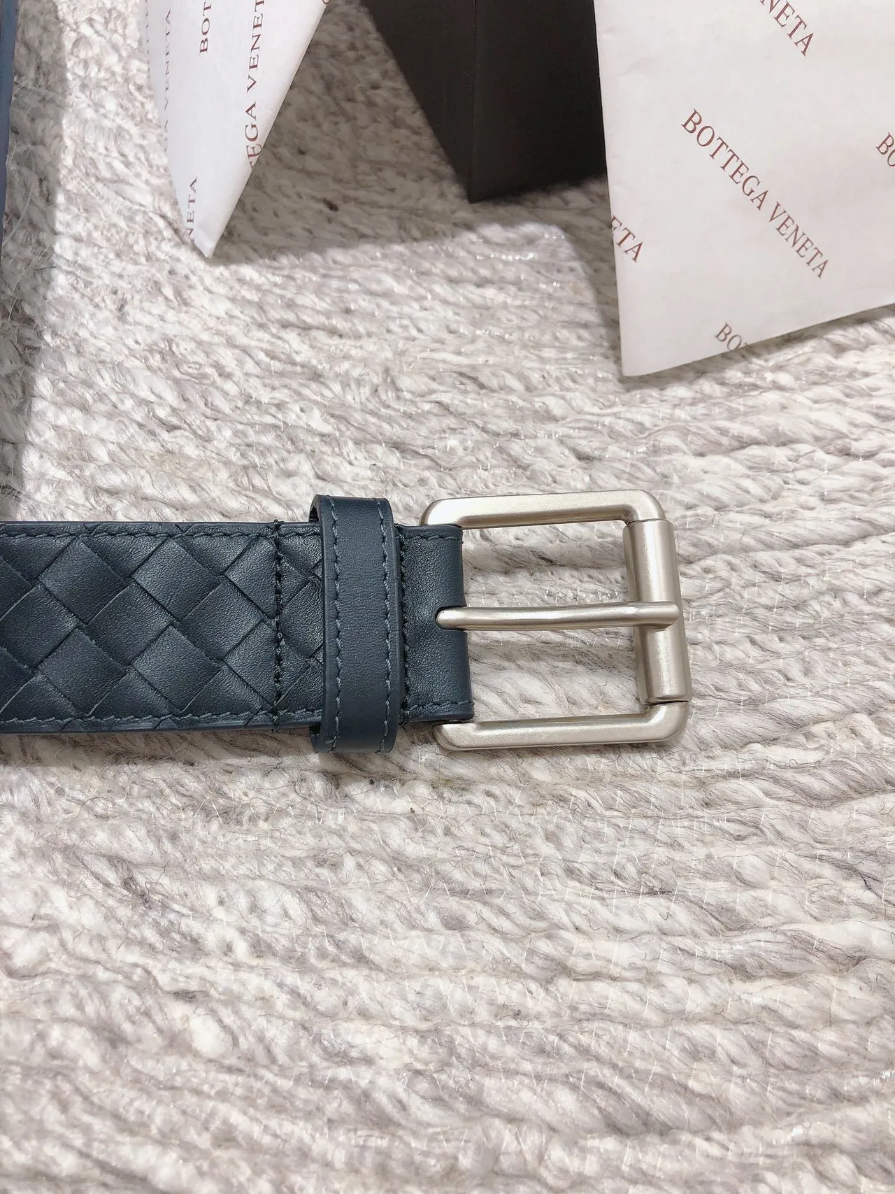 Bottega Veneta Intrecciato Ceinture Bleu marine Argent Tissé Rectangulaire Boucle Cuir Ceinture 4