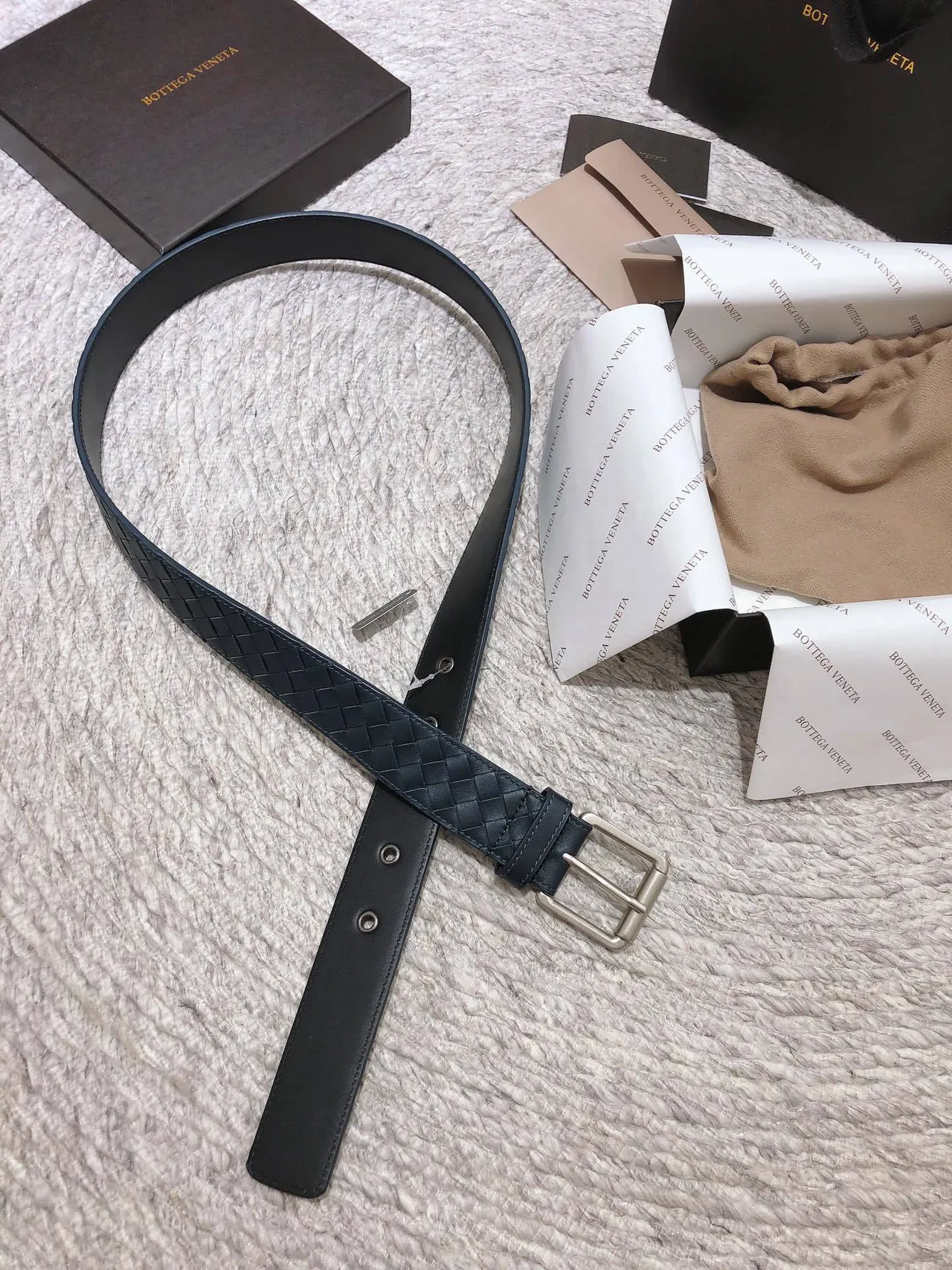 Bottega Veneta Intrecciato Ceinture Bleu marine Argent Tissé Rectangulaire Boucle Cuir Ceinture 5