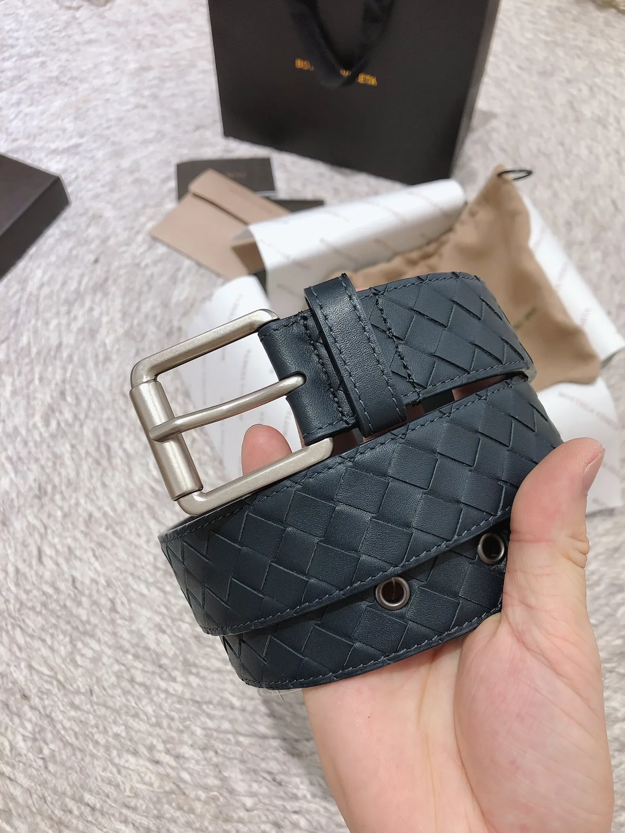 Bottega Veneta Intrecciato Ceinture Bleu marine Argent Tissé Rectangulaire Boucle Cuir Ceinture 6