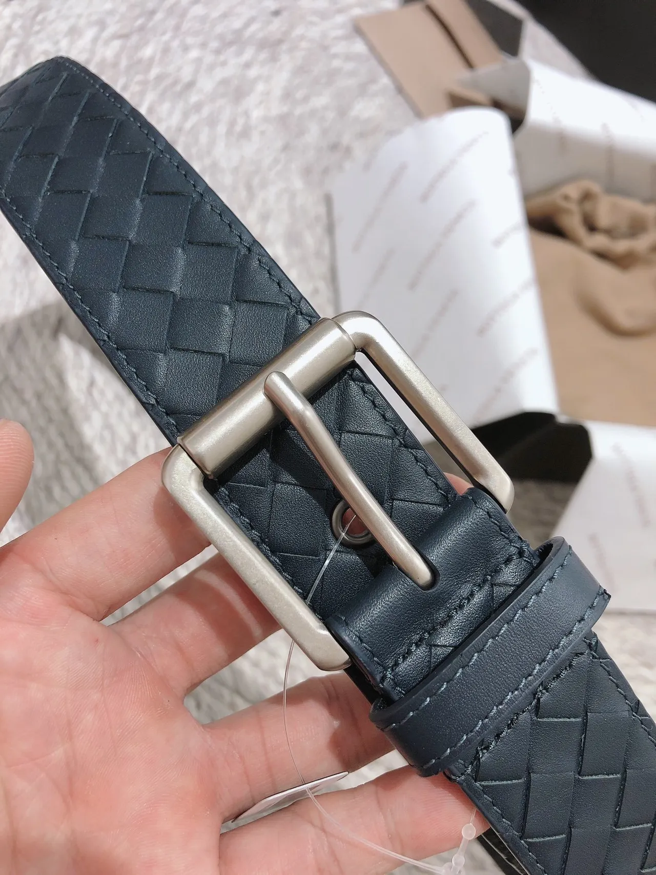 Bottega Veneta Intrecciato Ceinture Bleu marine Argent Tissé Rectangulaire Boucle Cuir Ceinture 7