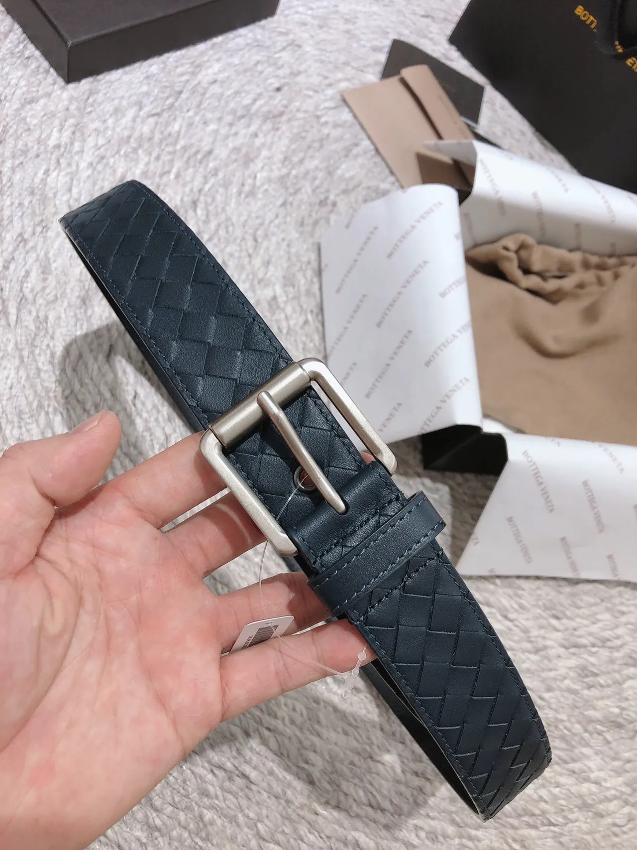 Bottega Veneta Intrecciato Ceinture Bleu marine Argent Tissé Rectangulaire Boucle Cuir Ceinture 8