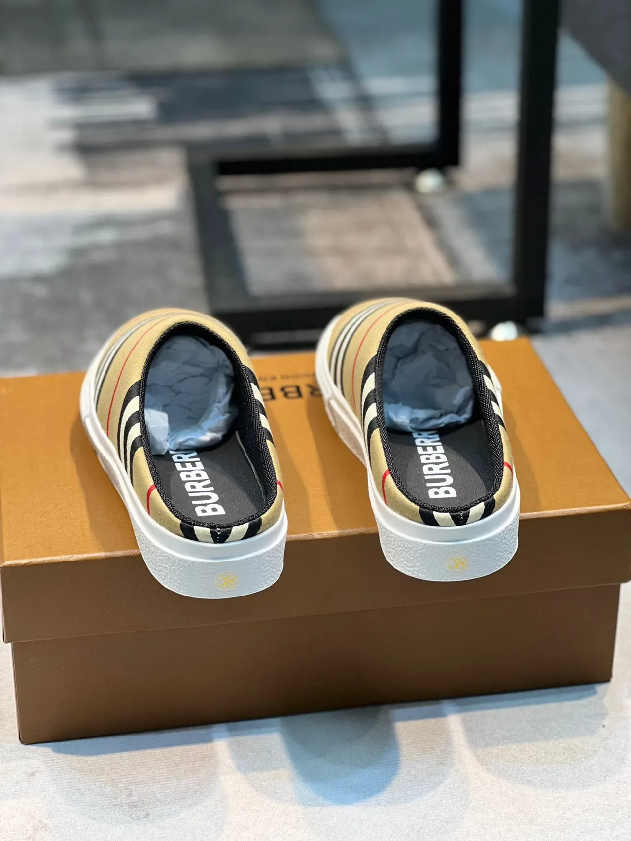 Burberry Beige Black Striped Canvas Upper Backless Mule Silhouette Casual Shoes 3