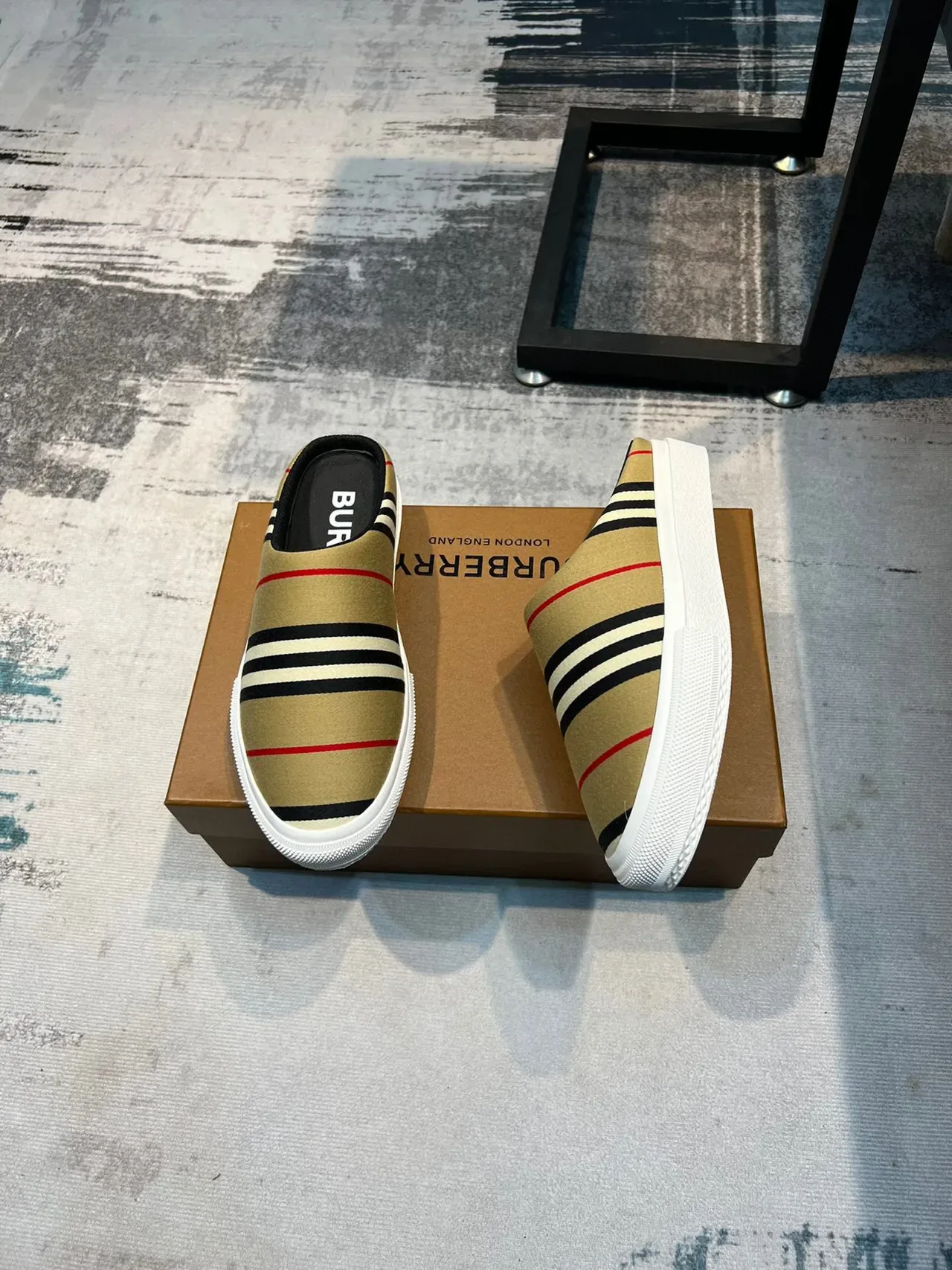 Burberry Beige Black Striped Canvas Upper Backless Mule Silhouette Casual Shoes 4