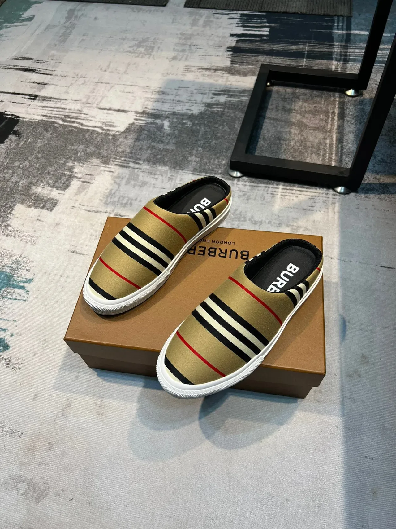 Burberry Beige Black Striped Canvas Upper Backless Mule Silhouette Casual Shoes 5