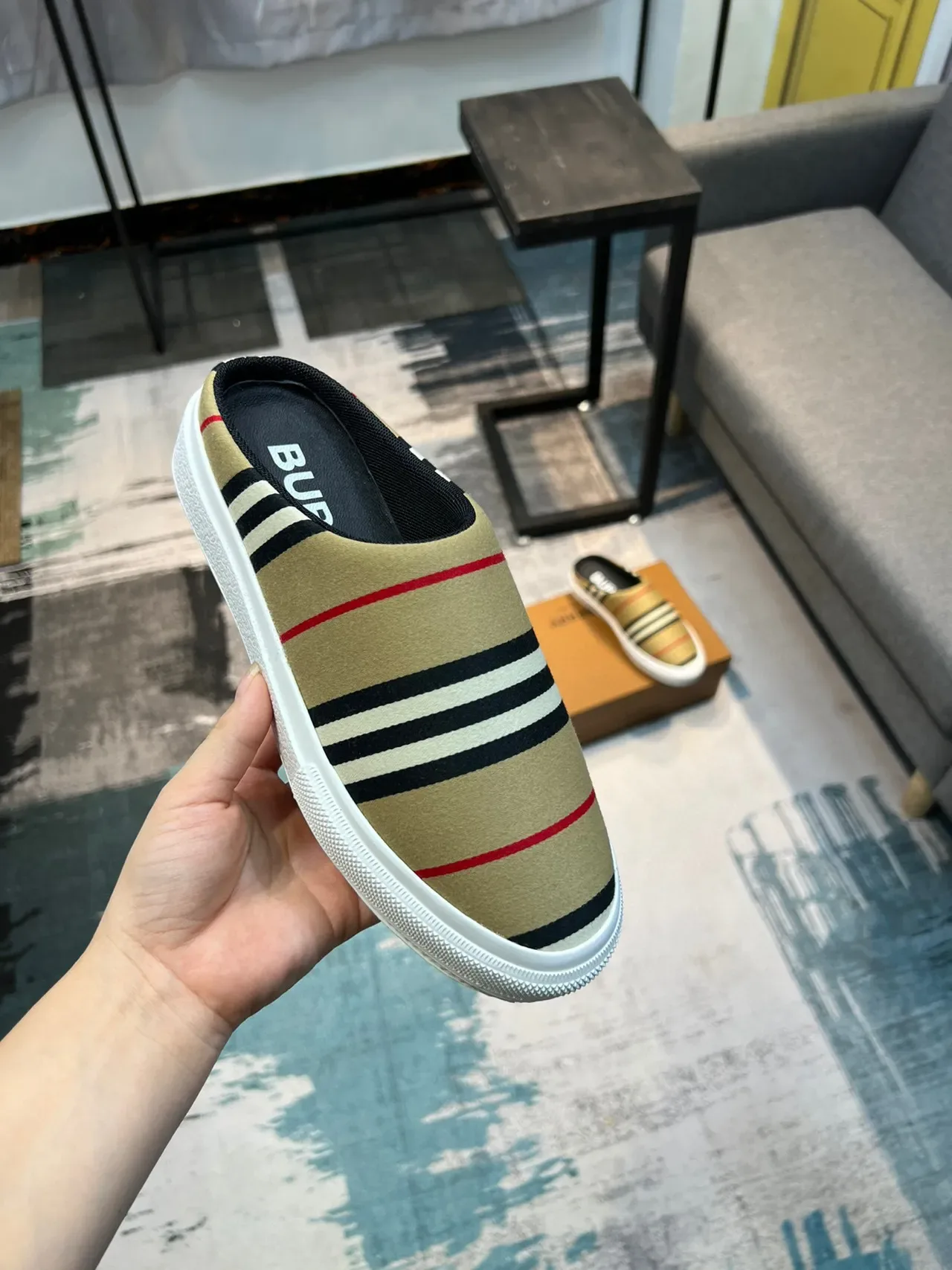 Burberry Beige Black Striped Canvas Upper Backless Mule Silhouette Casual Shoes 6