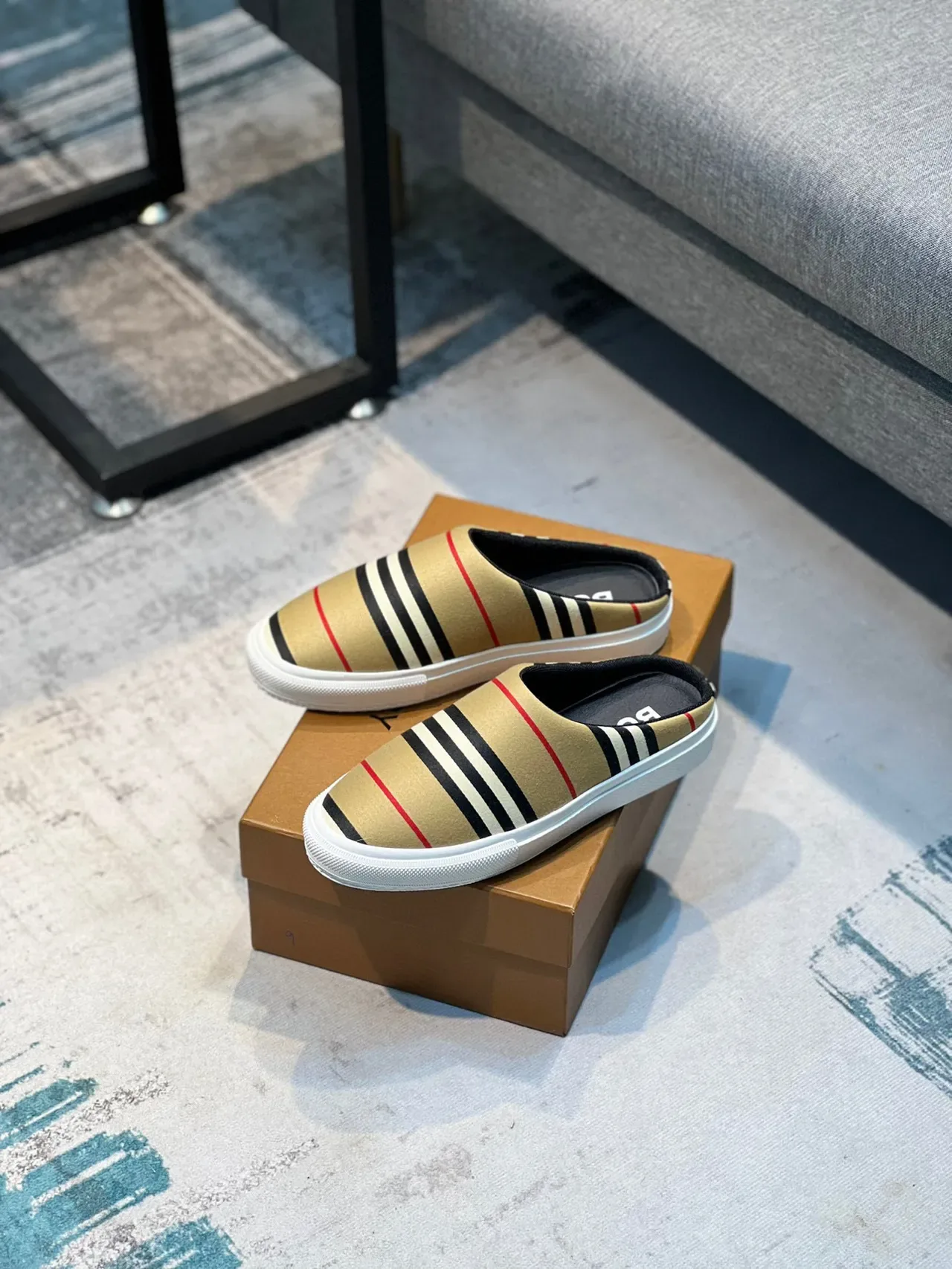 Burberry Beige Black Striped Canvas Upper Backless Mule Silhouette Casual Shoes 7