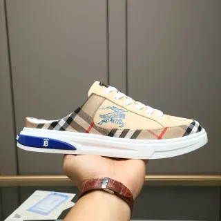 Burberry Beige Blue Check-Pattern Hybrid Mule-Style Slip-On Lifestyle Sneakers