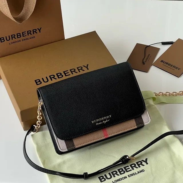 Burberry Black and Beige House Check Flap-Over Chain Crossbody Bag 2