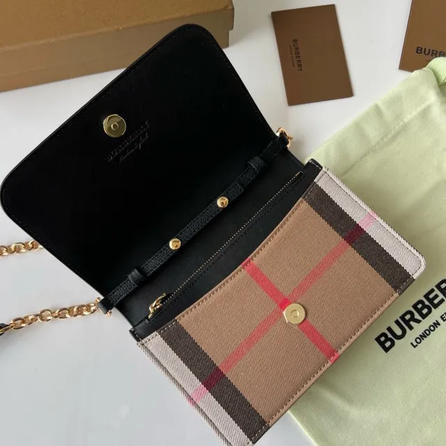 Burberry Black and Beige House Check Flap-Over Chain Crossbody Bag 4