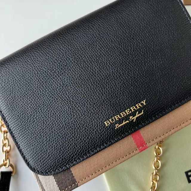 Burberry Black and Beige House Check Flap-Over Chain Crossbody Bag 6