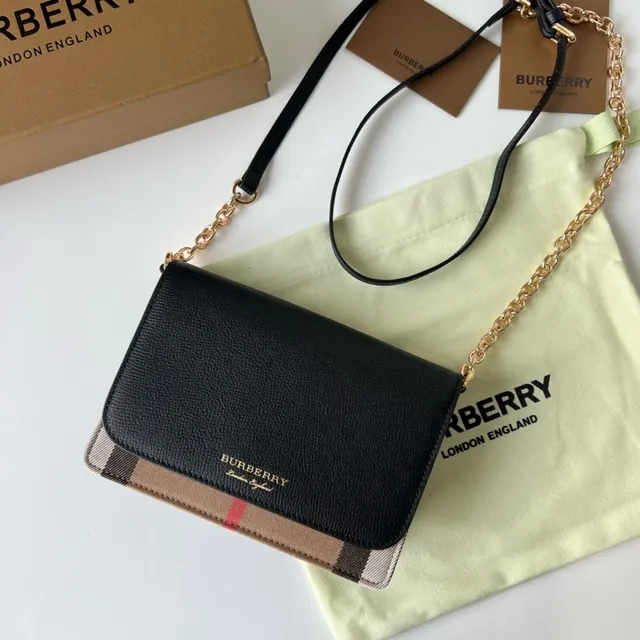 Burberry Black and Beige House Check Flap-Over Chain Crossbody Bag 7