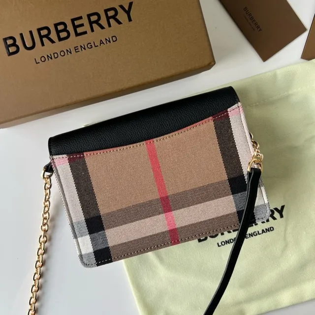 Burberry Black and Beige House Check Flap-Over Chain Crossbody Bag 8