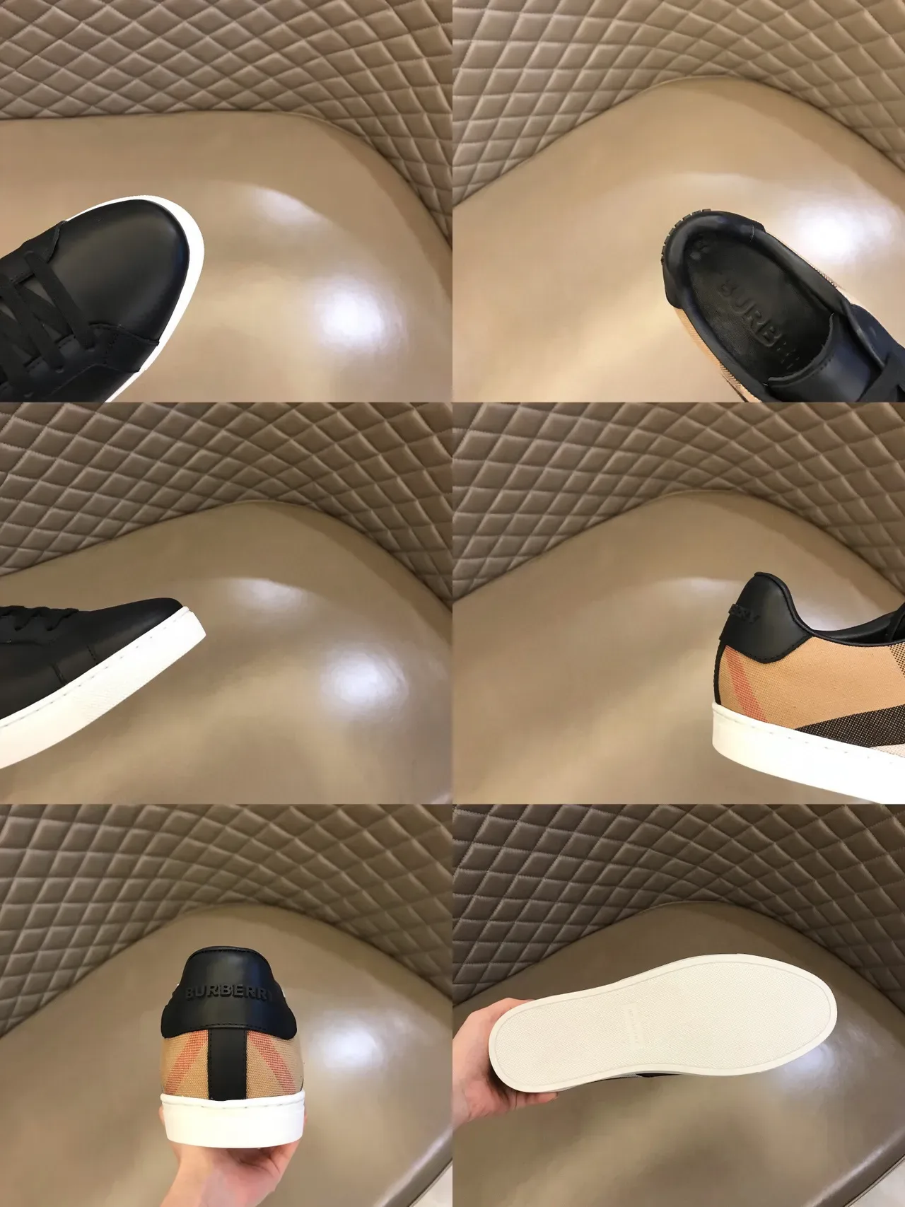 Burberry Noir Beige Cuir Supérieur Panneau Latéral à Carreaux Sneakers Lifestyle 8
