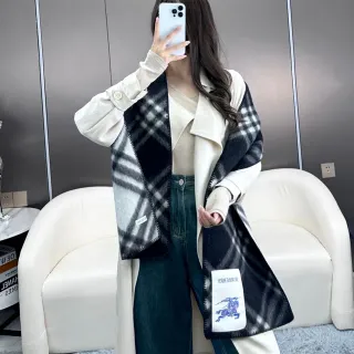 Burberry Black White Plaid Check Wool-Blend Cashmere Scarf