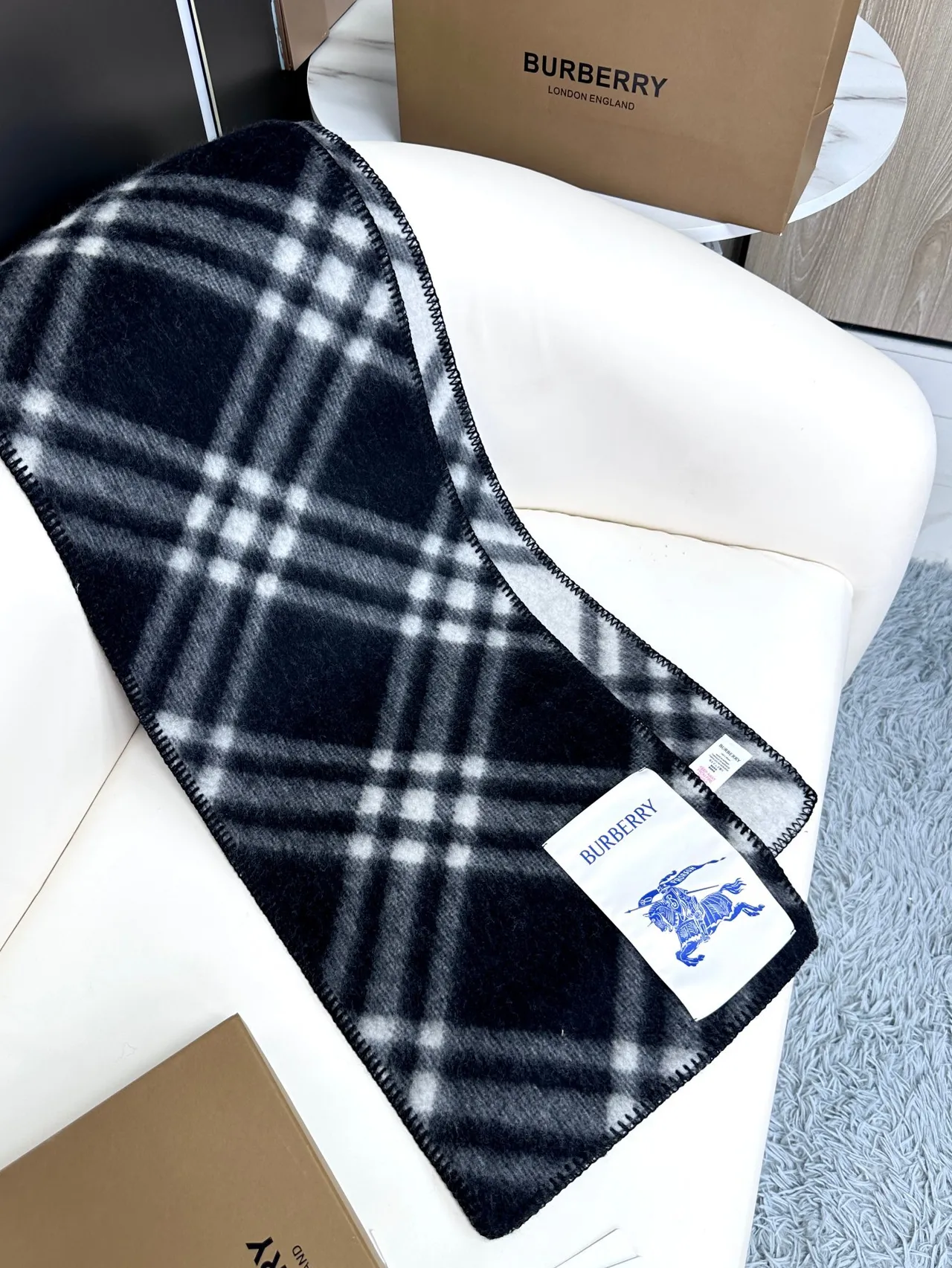 Burberry Black White Plaid Check Wool-Blend Cashmere Scarf 2