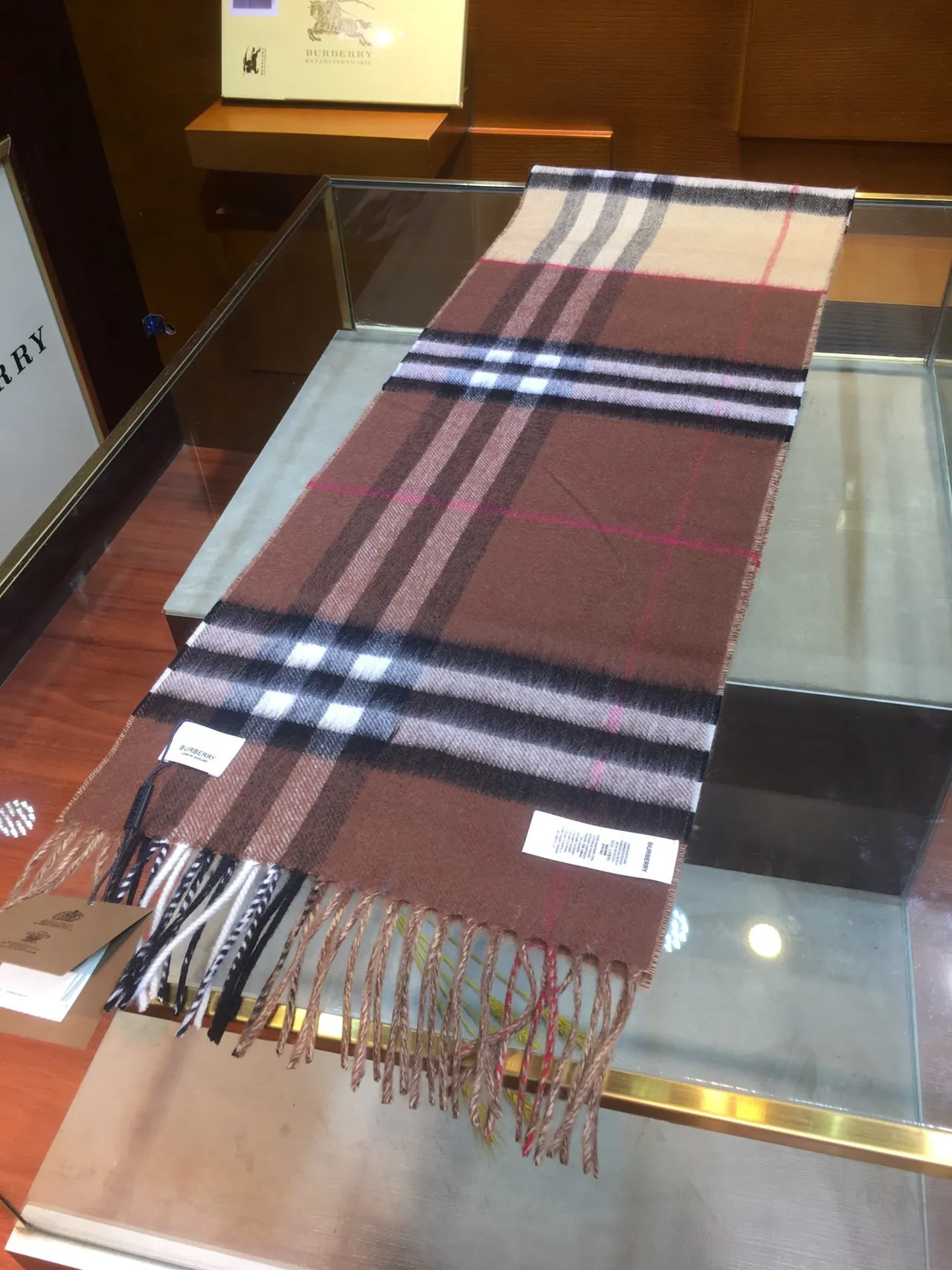 Burberry Brown Beige Classic Check Pattern Woven Texture Cashmere Scarf 6