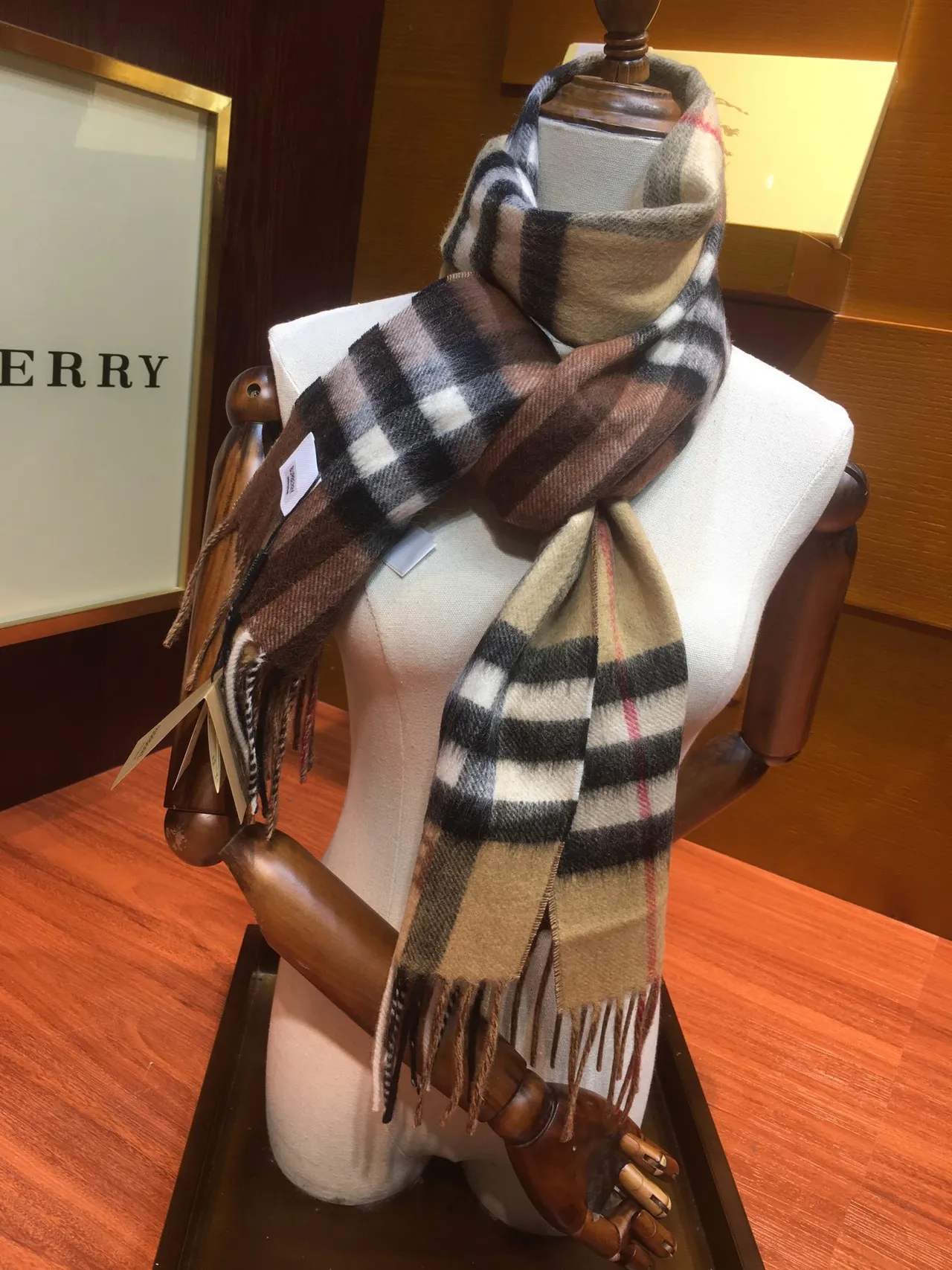 Burberry Brown Beige Classic Check Pattern Woven Texture Cashmere Scarf 7