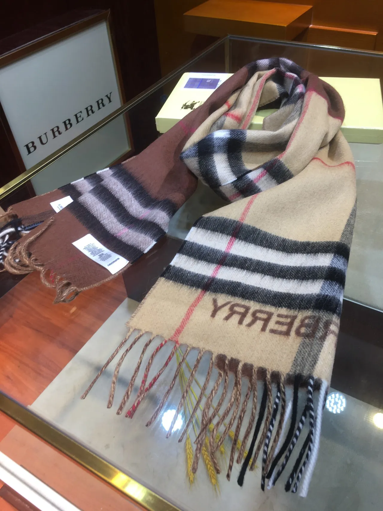 Burberry Brown Beige Classic Check Pattern Woven Texture Cashmere Scarf 9