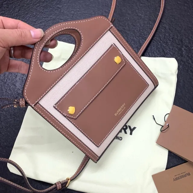 Burberry Brown Beige Structured Rectangular Top-Handle Cutout Handbag 5