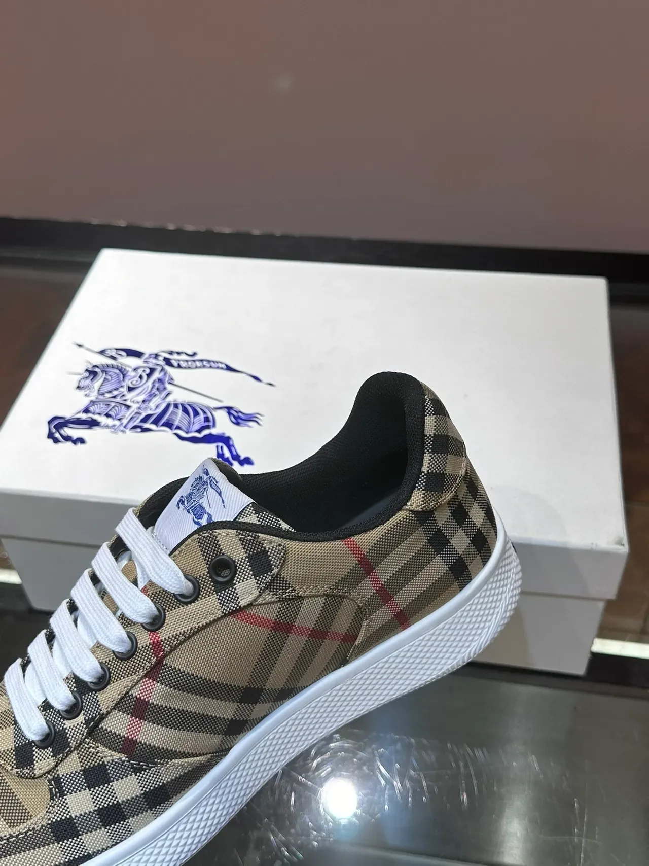 Burberry Check Pattern Beige Black Red Low-Top Lifestyle Sneakers 3