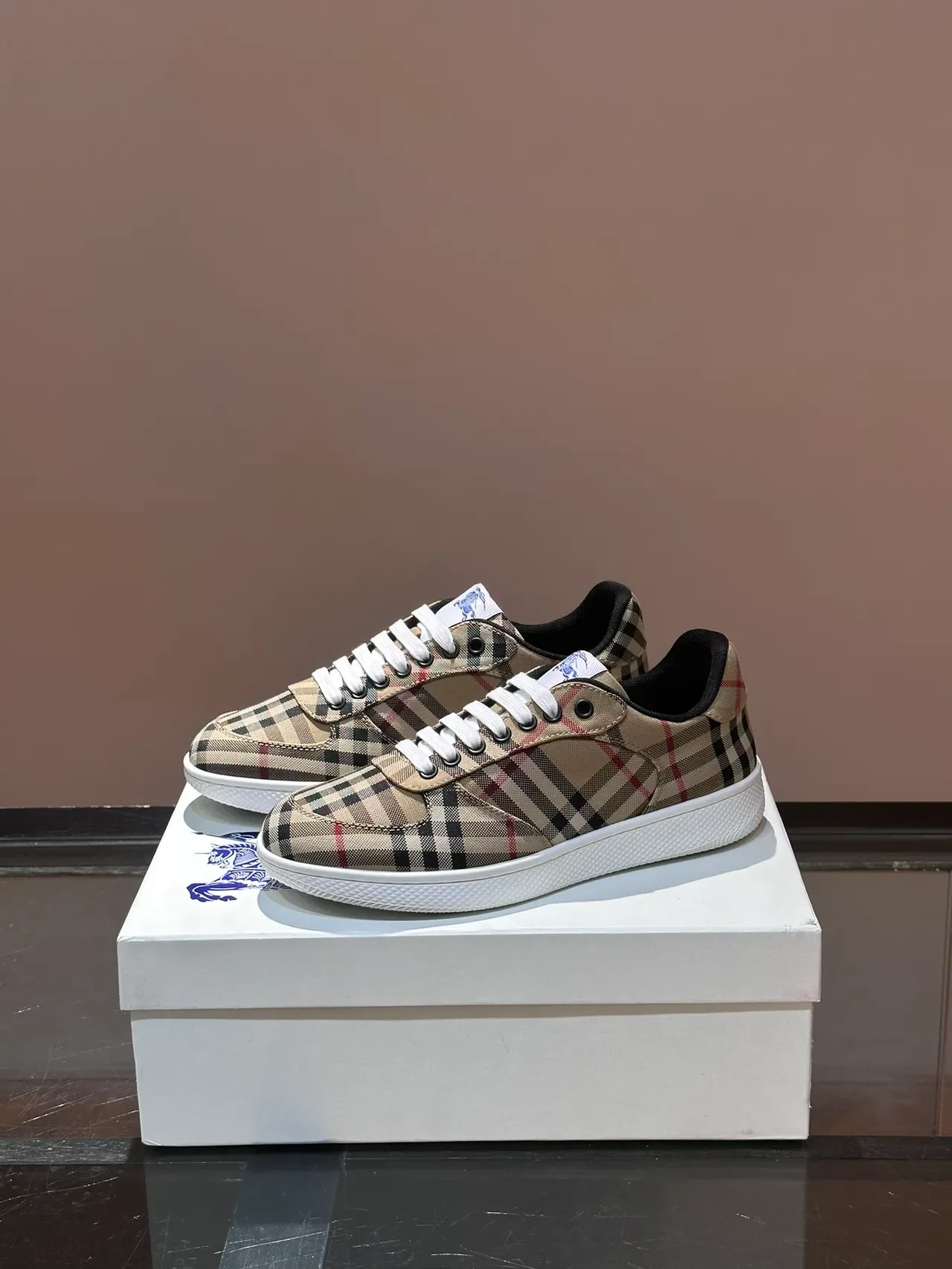Burberry Check Pattern Beige Black Red Low-Top Lifestyle Sneakers 5