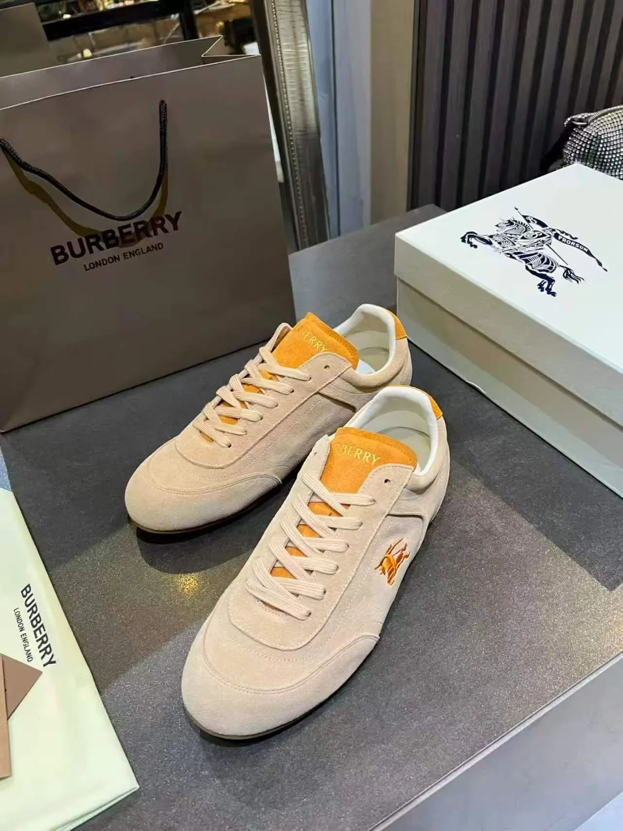Burberry Knight Beige and Orange Suede Lifestyle Sneakers 3
