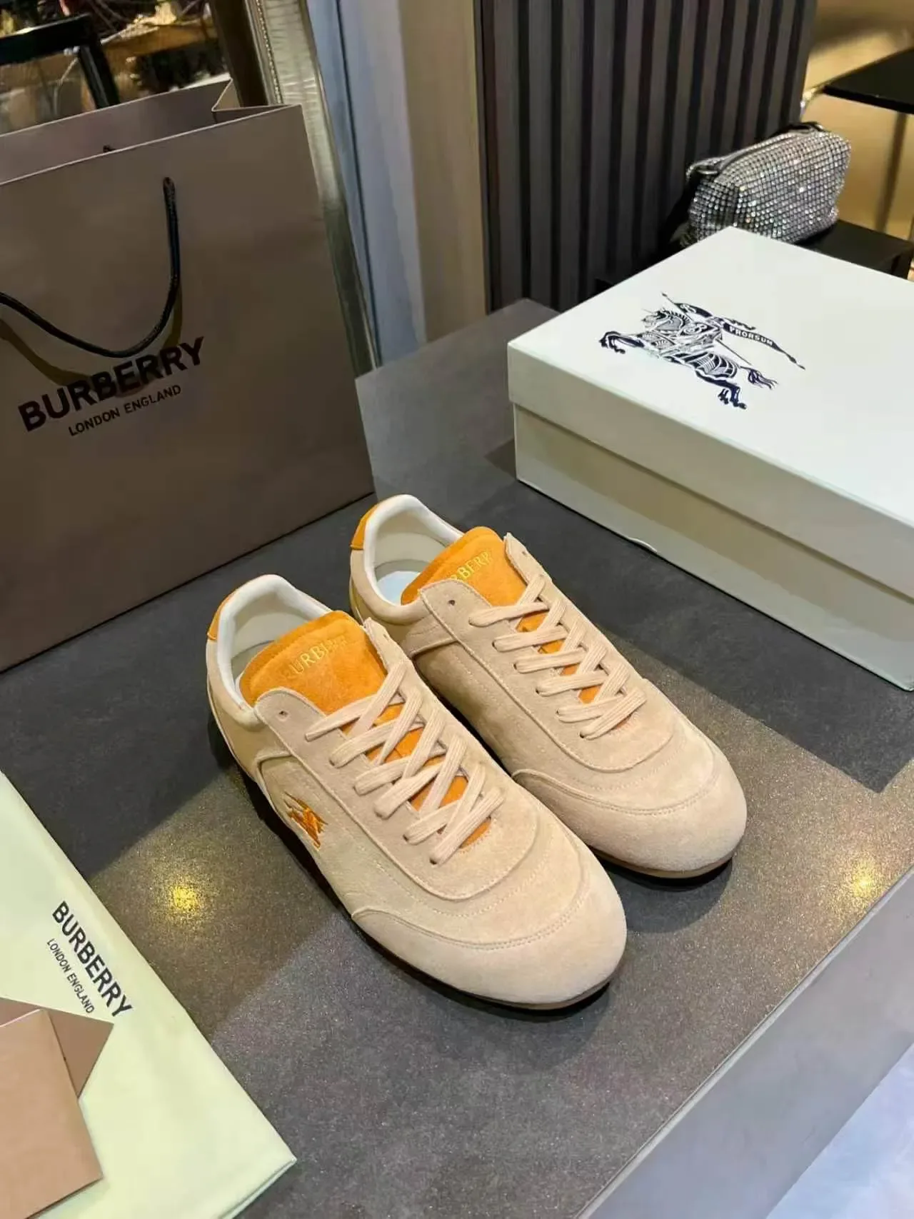 Burberry Knight Beige and Orange Suede Lifestyle Sneakers 4