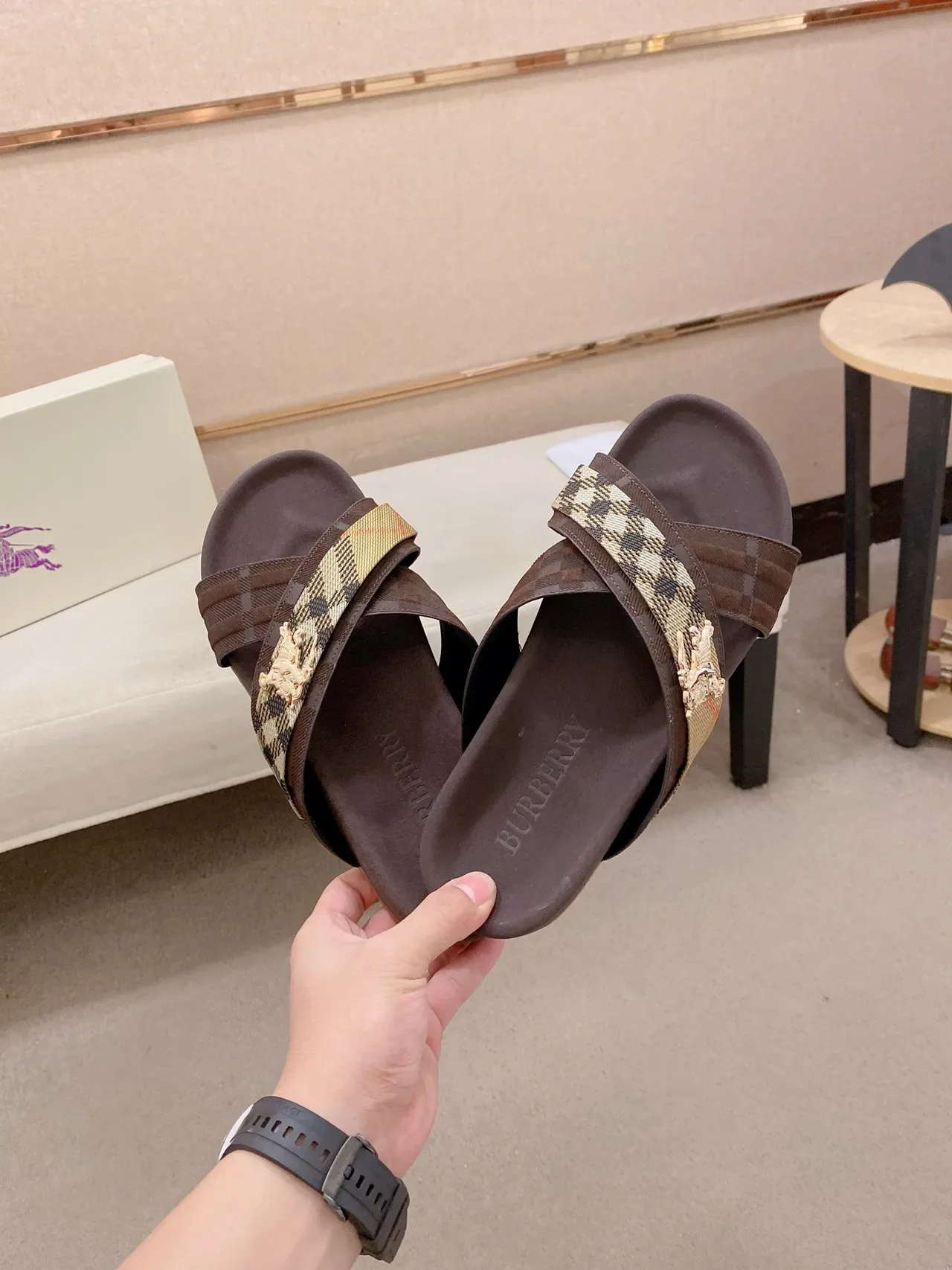 Burberry Knight Cross-Strap Check Slide Slippers 7