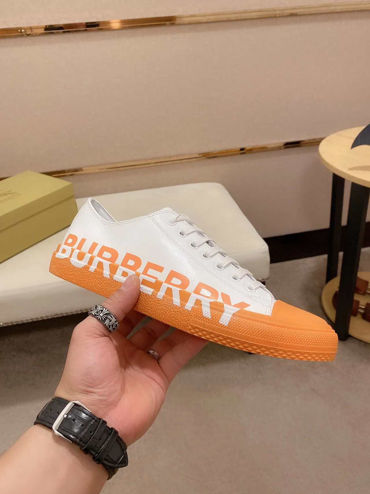 Burberry Knight Orange and White sneakers lifestyle 2