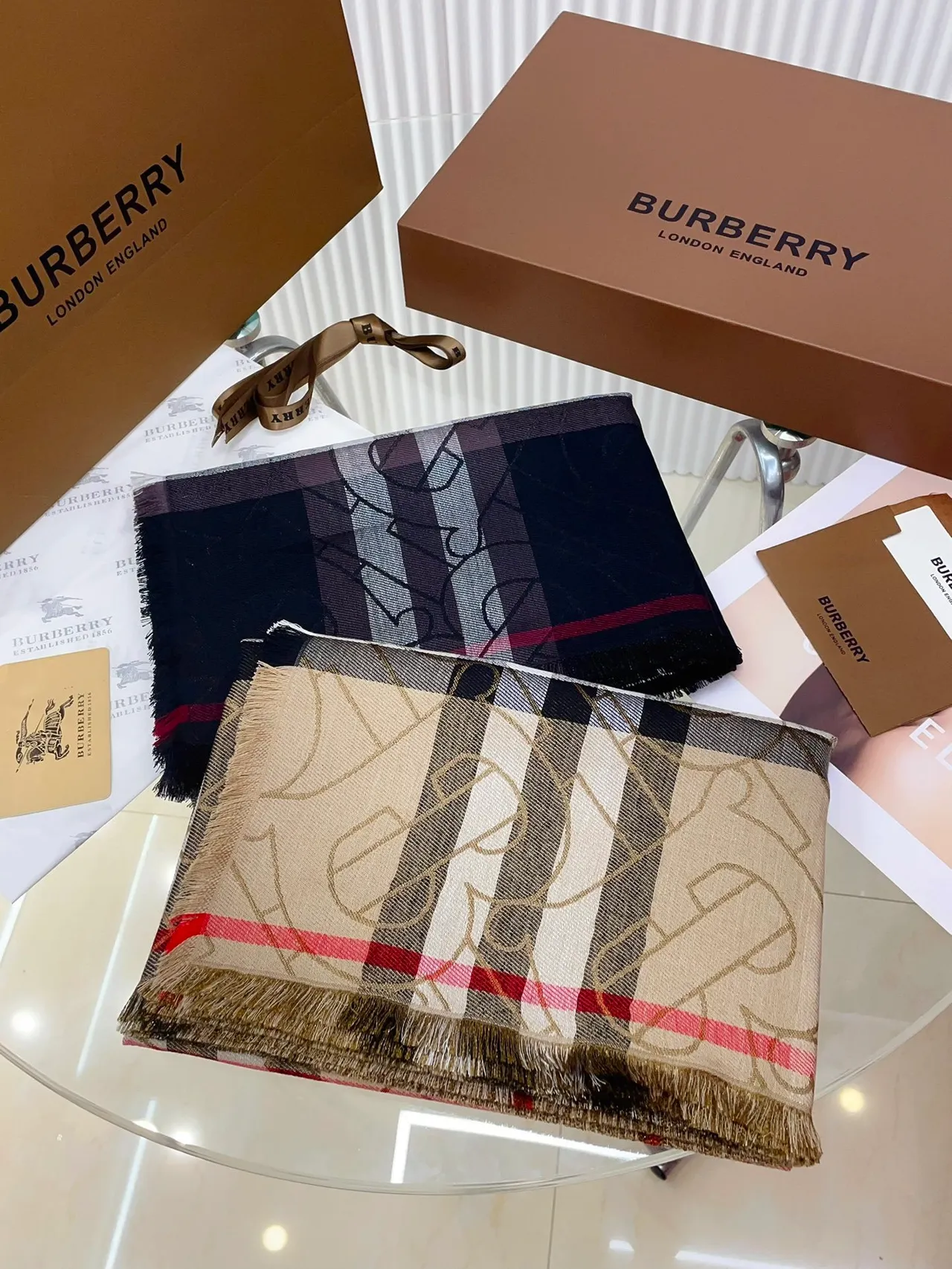 Burberry Monogram Check Beige Cashmere Scarf 4