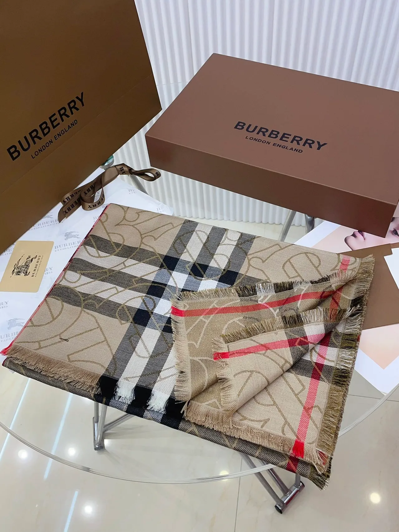Burberry Monogram Check Beige Cashmere Scarf 5