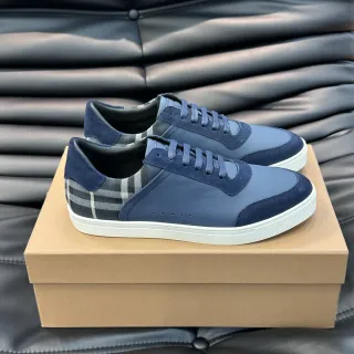 Burberry Navy White Suede And Leather Check-Pattern Heel Panel Lifestyle Sneakers