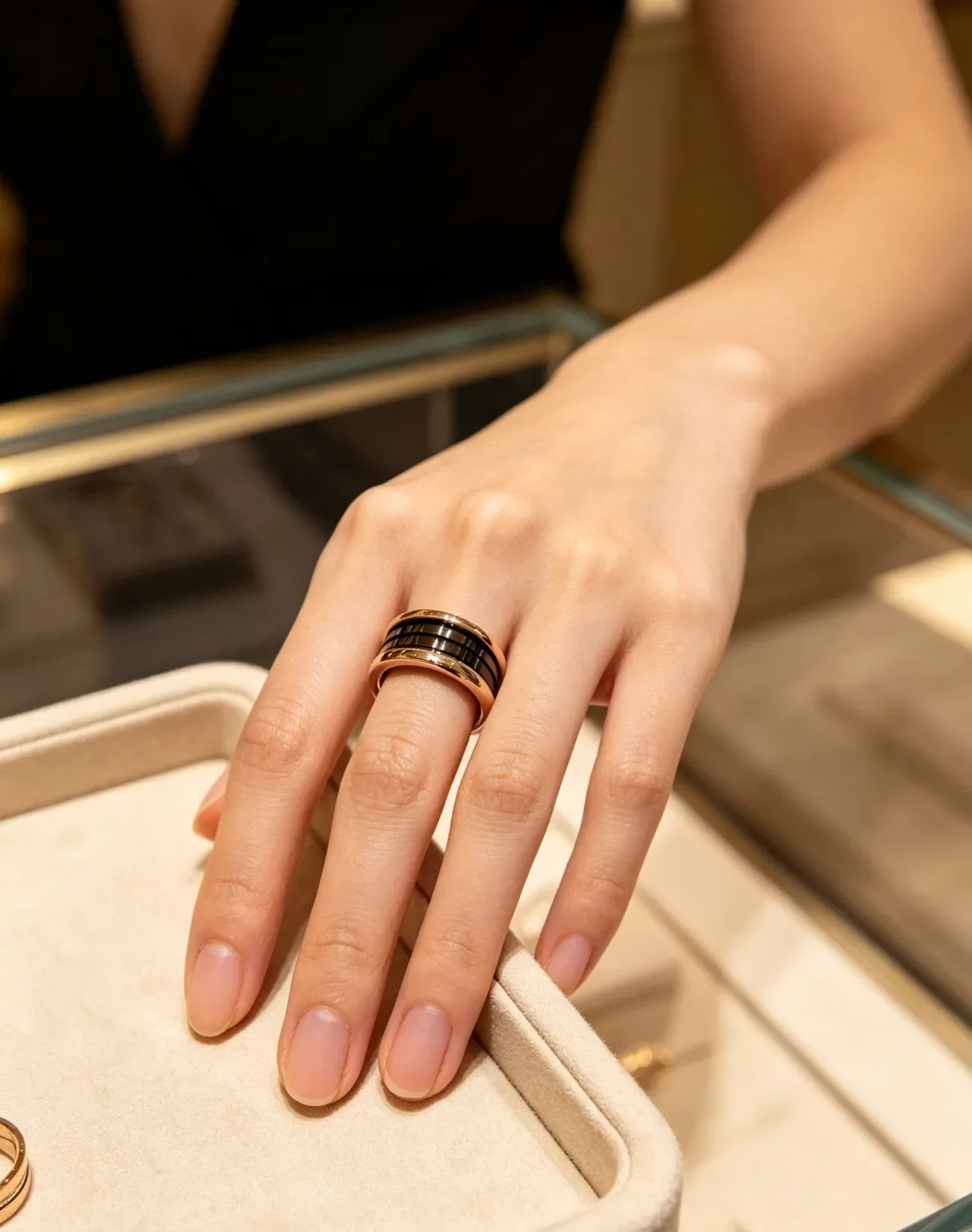 Bvlgari B.zero1 Gold Black Multi-Band Rotating Ring 7