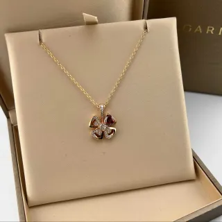Bvlgari Fiorever Gold Red Four-Petal Clover Pendant Pavé Diamond Accents Necklace