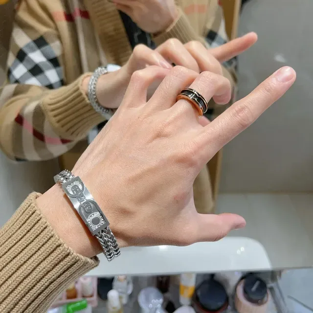 Bvlgari Gold Black Triple-Band Rotating Ring 8
