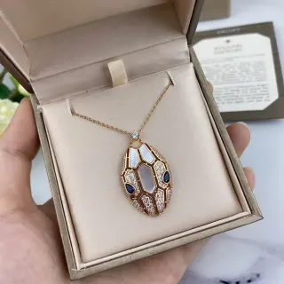 Bvlgari Gold Blue Geometric Segmented Pendant Mother-of-Pearl Inlay Necklace