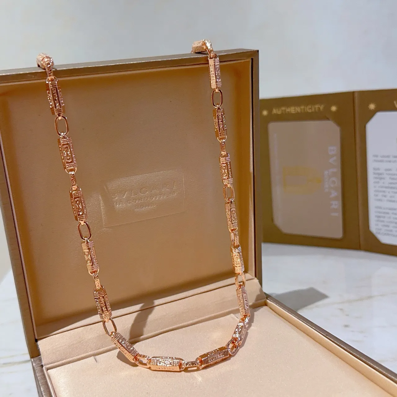 Bvlgari Gold Silver Rectangular-Link Chain Pavé-Set Stones Necklace 4