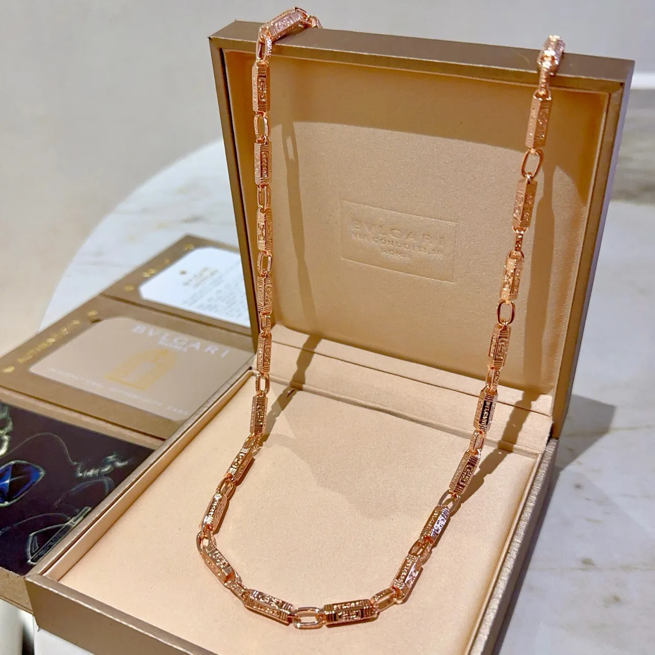 Bvlgari Gold Silver Rectangular-Link Chain Pavé-Set Stones Necklace 6
