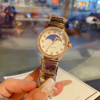 Bvlgari Gold White Moonphase Dial Crystal-Bezel Quartz Watch