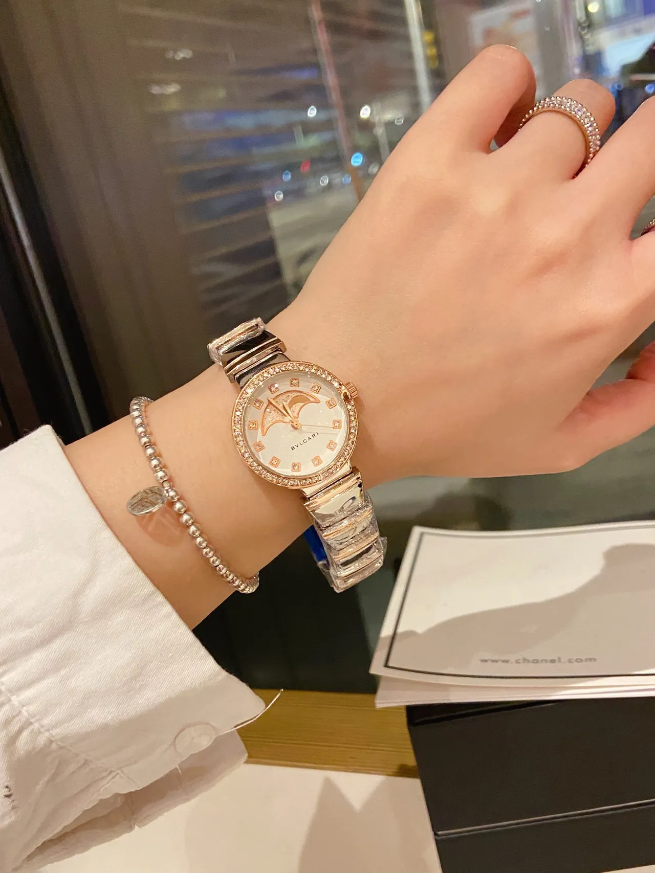 Bvlgari Ouro Branco Fase Lunar Dial Bisel Cristal Quartz Relógio 3