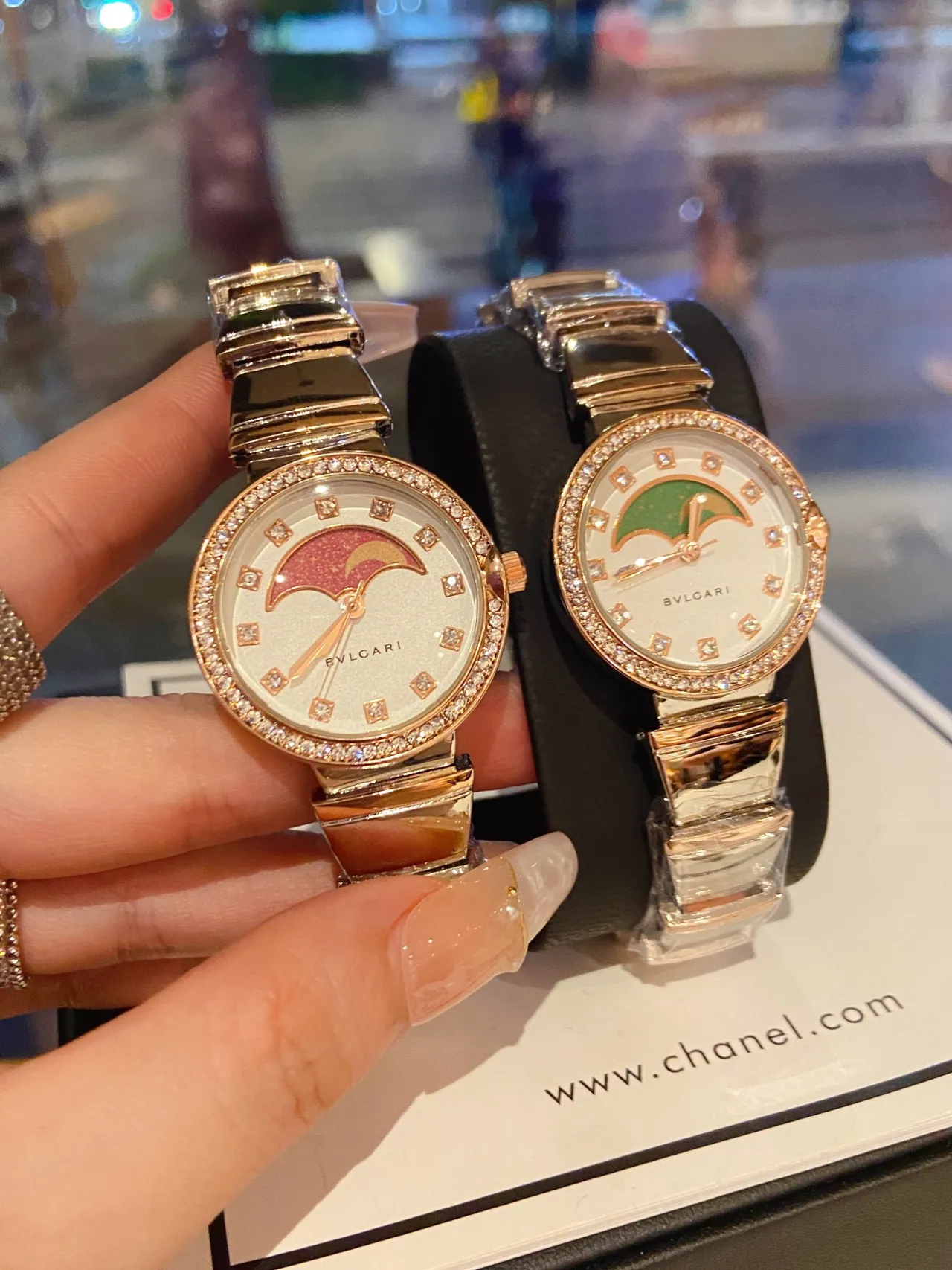 Bvlgari Ouro Branco Fase Lunar Dial Bisel Cristal Quartz Relógio 5