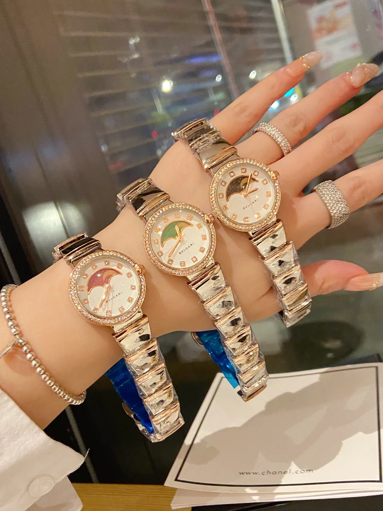 Bvlgari Ouro Branco Fase Lunar Dial Bisel Cristal Quartz Relógio 7
